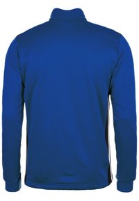 Blaues Langarm-Polo mit hohem Kragen, aus glattem Stoff gefertigt. Mit schwarzen seitlichen Akzenten und einem klaren, geraden Schnitt-Design.