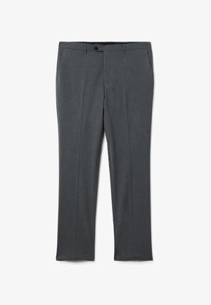 Pantaloni grigi da uomo con davanti piatto, dotati di passanti per cintura, tasche laterali e una texture liscia. Vestibilità sartoriale con una leggera lucentezza.