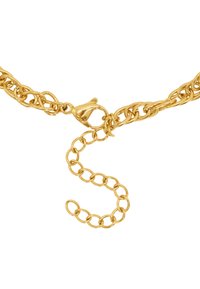 Collana in metallo dorato con maglie intrecciate, dotata di chiusura a gancio e catena di estensione per lunghezza regolabile.