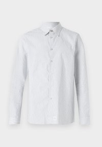 Gestreiftes Hemd in Hellblau und Weiß. Mit klassischem Kragen, langen Ärmeln und einem kleinen Logolabel am Saum.