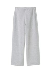 Pantalones de pierna ancha de color gris claro, confeccionados en tejido suave, con un diseño sencillo, cinturilla elástica y sin aberturas ni bolsillos visibles.