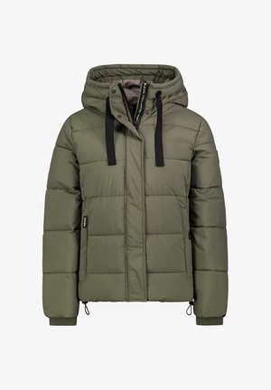 Olivgrüne, gesteppte Jacke mit Kapuze, schwarzen Kordelzügen, Reißverschluss, elastischen Bündchen und rechteckigem Steppmuster.