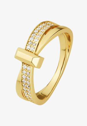 Guldring med en glat bånd, en horisontal stang som accent og en række skinnende klare sten langs den ene side.
