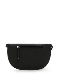 Borsa a tracolla nera in pelle perforata con forma arrotondata, dotata di una tasca con zip e di una tracolla regolabile per una maggiore versatilità.