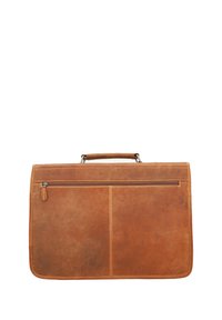 Brun læder arbejdsmappe med flad form, topgreb og en lynlåslomme foran. Har synlige sting og en glat tekstur.