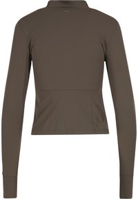 Long-sleeved, cropped top in dark olive green, made from smooth, stretch fabric with a high collar and side seam accents.