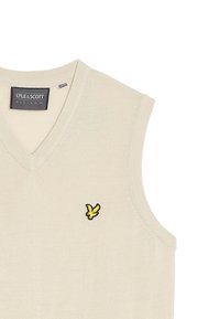 Gilet in maglia beige con scollatura a V. Presenta un piccolo logo ricamato nero e giallo sul lato sinistro del petto. Tessuto liscio e forma aderente.
