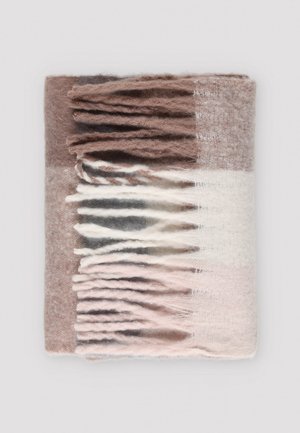 Wollen deken in tinten bruin, crème en roze met franjes aan de randen en een zachte, gestructureerde afwerking. Rechthoekige vorm, lichtgewicht ontwerp.