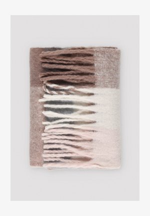 Volnena odeja v odtenkih rjave, smetane in roza s frfotavimi robovi ter mehkim, teksturiranim koncem. Pravokotna oblika, lahka zasnova.