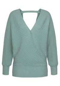 Hellgrüner Rippstrickpullover mit langen Ärmeln, tiefem V-Ausschnitt und einem Träger über dem offenen Rücken.