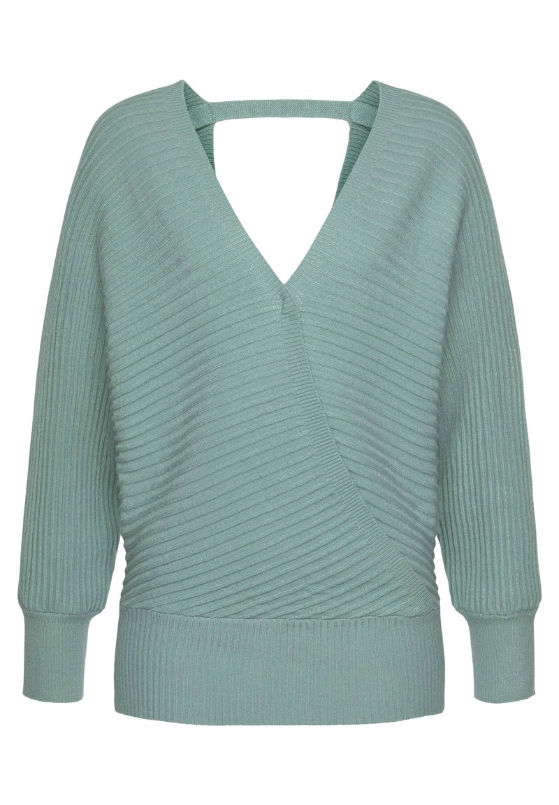 Hellgrüner Rippstrickpullover mit langen Ärmeln, tiefem V-Ausschnitt und einem Träger über dem offenen Rücken.