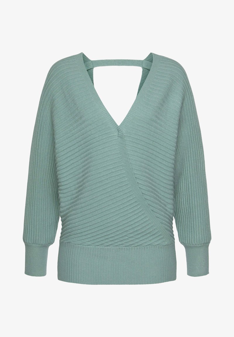 Hellgrüner Rippstrickpullover mit langen Ärmeln, tiefem V-Ausschnitt und einem Träger über dem offenen Rücken.