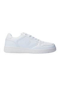 Weißer Sneaker aus glattem Leder mit runder Zehenpartie, flachen Schnürsenkeln, strukturiertem Sohlen und ovalem Logo an der Außenseite.