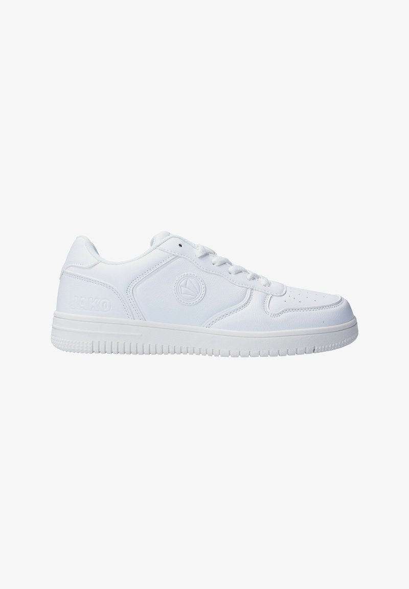 Weißer Sneaker aus glattem Leder mit runder Zehenpartie, flachen Schnürsenkeln, strukturiertem Sohlen und ovalem Logo an der Außenseite.