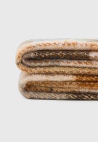 Plaid en polaire roulé, présentant un dégradé de tons beige, marron et gris avec une finition douce et texturée.