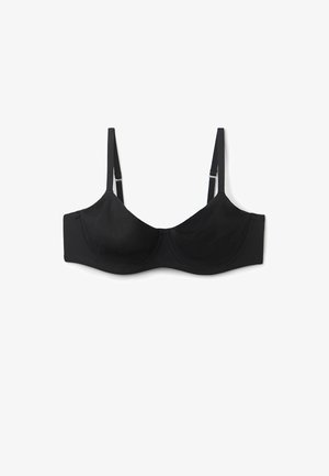 Zwarte bh van gladde stof, met beugel, verstelbare bandjes en een eenvoudig ontwerp zonder versieringen.