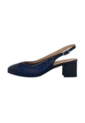 Scarpa con tacco basso a blocco, colore blu navy, con cinturino slingback, pannelli in tessuto scintillante e fibbia regolabile.