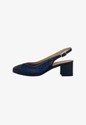 Scarpa con tacco basso a blocco, colore blu navy, con cinturino slingback, pannelli in tessuto scintillante e fibbia regolabile.