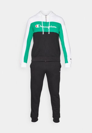 Champion Trainingsanzug mit einer Zip-Hoodie-Jacke in Schwarz, grünen und weißen Ärmeln sowie passenden schwarzen Hosen. Komfortabler Stoff, gerippte Bündchen.