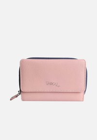 Rosa Lederbrieftasche mit strukturiertem Finish, marinefarbener Reißverschlussakzent und prägtem Logo. Verfügt über eine Klappe mit Überlappung und einen Reißverschluss.
