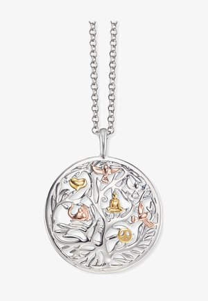 Sølv livets træ vedhæng med udskårne motiver af fugle, et hjerte, et fredssymbol og en Buddha, med guld- og rosaguld accenter.