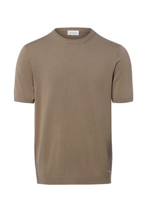 Herren Kurzarm Rundhals Strickpullover in Beige mit gerippten Bündchen und Saum sowie einem kleinen Markenschild nahe dem unteren Rand.