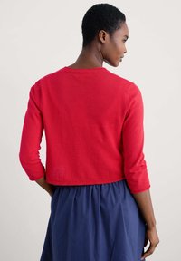 Rdeče skrajšano pulover z dolgimi tričetrtinskimi rokavi in rebrastim robom. Tkanina se zdi gladka in lahka. Nosi se čez modro, nabran krilo.