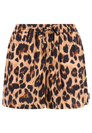 Dames short met elastische taille, bedekt met een bruin-zwart luipaardprint en voorzien van een strikdetail aan de voorkant.