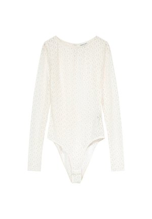 Bodysuit à manches longues en blanc, avec un motif de diamants texturé, un col rond et une fermeture par pression au bas. Tissu doux et élastique.