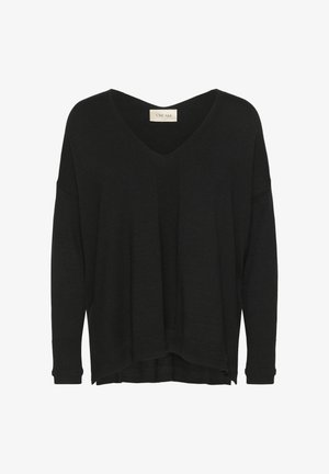 Fekete kötött pulóver mély V-nyakkal, leeső vállakkal és bordás mandzsettákkal. Lazán illeszkedő fazonnal és oldalsó hasítékokkal a hemnél.