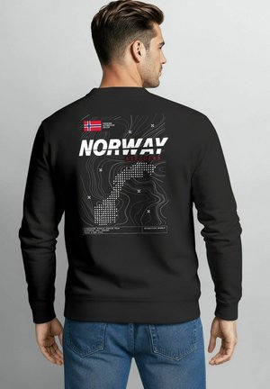Black sweatshirt featuring "NORWAY" text and map design on the back, with a flag emblem and white graphic accents. Cotton material, casual fit.