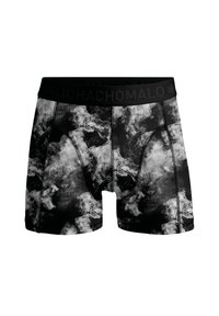 Juodi bokseriai su dūmų raštu, turintys elastingą juostelę ir minkštą audinį patogumui. Įtraukta siuvimo detalė ir šoninės siūlės.