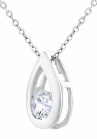 Sidabrinė ašaros formos pakabukas su dideliu apvaliu skaidriu brangakmeniu, kabantis ant sidabrinės grandinėlės.