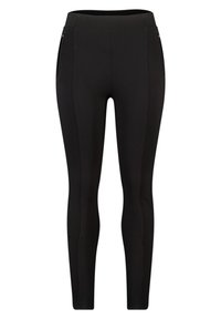 Zwarte getailleerde leggings met hoge taille en zijzakken met rits, naadloze voorkant en broekspijpen tot de enkel.
