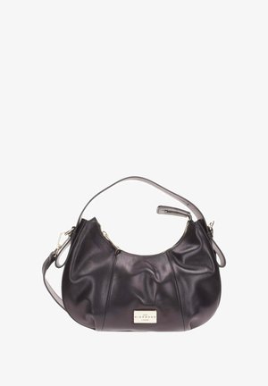 Borsa a spalla in pelle nera con forma arrotondata, caratterizzata da una finitura testurizzata e da una placca con logo dorato, completata da una tracolla rimovibile.