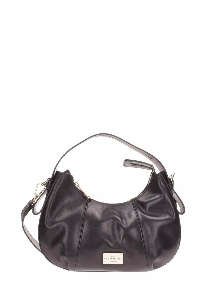 Borsa a spalla in pelle nera con forma arrotondata, caratterizzata da una finitura testurizzata e da una placca con logo dorato, completata da una tracolla rimovibile.