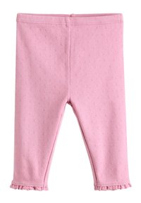 Colanți roz din bumbac cu textură nervurată și modele florale mici, având tivuri volanate la nivelul gleznelor. Design simplu și mulat.