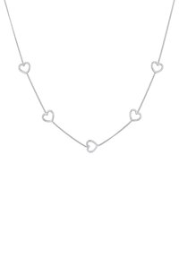 Sølv kædendes halskæde med fem åbne hjerteformer jævnt fordelt langs længden. Hvert hjerte har en glat omrids og et minimalistisk design.