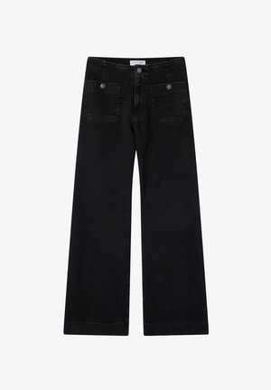 Czarne dżinsy o szerokich nogawkach, wykonane z denimu, z dwiema przednimi kieszeniami zapinanymi na guziki i prostym wykończeniem. Brak widocznych przetarć lub wzorów.