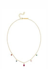 Goldene Kettenhalskette mit fünf farbigen Edelsteinen: rot, grün, blau, rosa und klar. Verstellbarer Verschluss mit einem kleinen Anhänger.