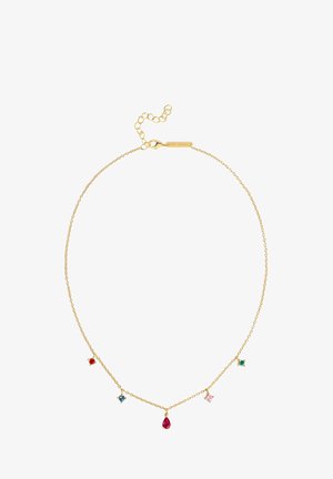 Collana in oro con cinque gemme colorate: rosso, verde, blu, rosa e trasparente. Chiusura regolabile con un piccolo tag.