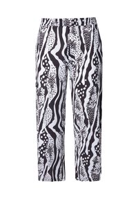 Zwart-witte abstracte gemusterde losse broek met een elastische tailleband en rechte pijpen.