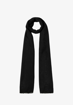 Sciarpa nera realizzata in un tessuto morbido, con un motivo tonale sottile e bordi frangiati. Forma lunga e rettangolare per uno styling versatile.