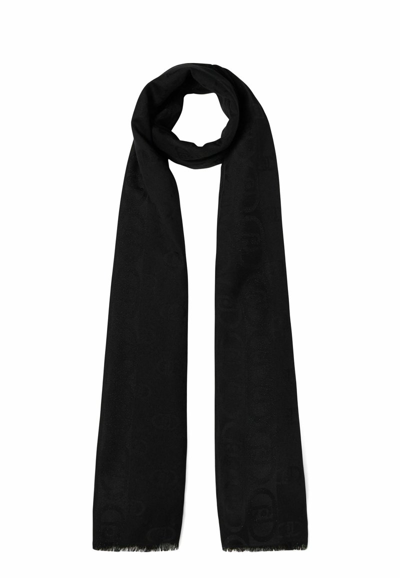 Sort tørklæde lavet af blødt stof, med et diskret tonal mønster og frynsede kanter. Lang, rektangulær form til alsidig styling.