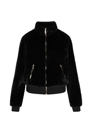 Schwarze Bomberjacke aus Kunstfell mit einem Reißverschluss vorn, zwei mit Reißverschluss versehenen Taschen und einem gerippten Bund sowie Bündchen. Design mit hohem Kragen. Weicher Stoff.