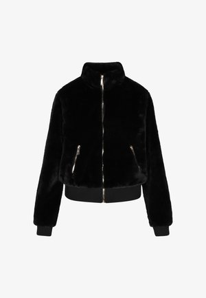 Schwarze Bomberjacke aus Kunstfell mit einem Reißverschluss vorn, zwei mit Reißverschluss versehenen Taschen und einem gerippten Bund sowie Bündchen. Design mit hohem Kragen. Weicher Stoff.