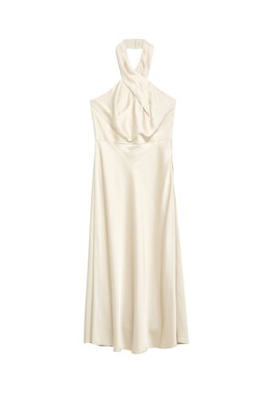 Elfenbeinfarbendes Satin-Kleid mit Neckholder, gekreuzten Trägern, eng anliegendem Oberteil und ausgestelltem Midi-Rock.