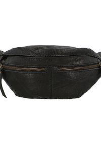 Crna torbica od kože oko struka s prednjim vodoravnim džepom na patentni zatvarač i glavnim zatvaračem s patentnim zatvaračem, prikazuje teksturirani materijal i detalje šavova.