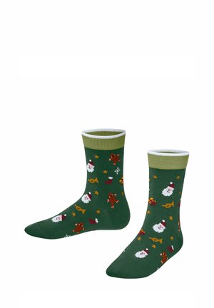 Grüne Baumwollsocken mit einem Design aus Santa, Lebkuchenmännern, Sternen und Strümpfen, mit einem hellgrünen gerippten Bündchen und glatter Textur.