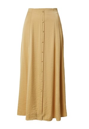 Lange, vloeiende beige rok gemaakt van lichtgewicht stof, met een hoge taille, knoopsluiting aan de voorkant en een gladde textuur.